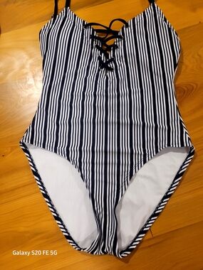 Nautica Navy and White Striped Lace-Up One-Piece Swimsuit